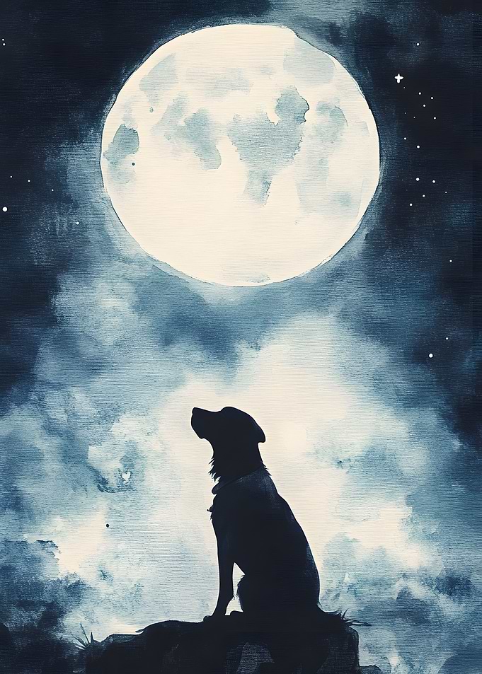 Dog Silhouetted Under Full Moon