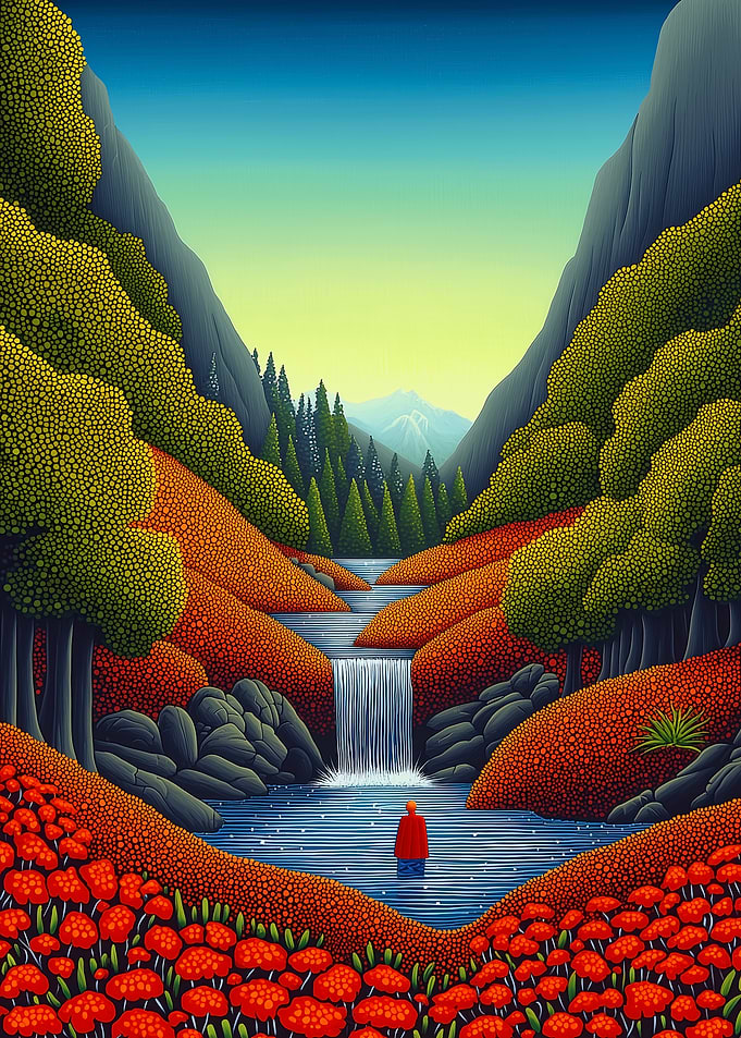 Tranquil Valley Waterfall: Contemporary Pointillism Art