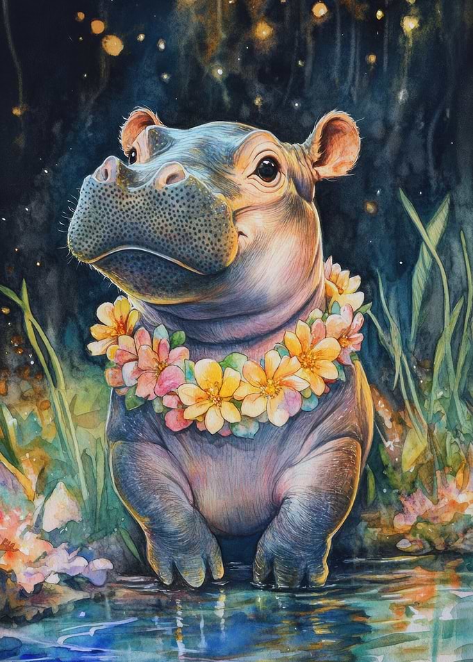 Smiling Hippo with Flowers