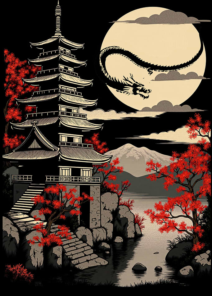 Japanese Pagoda Dragon Moon