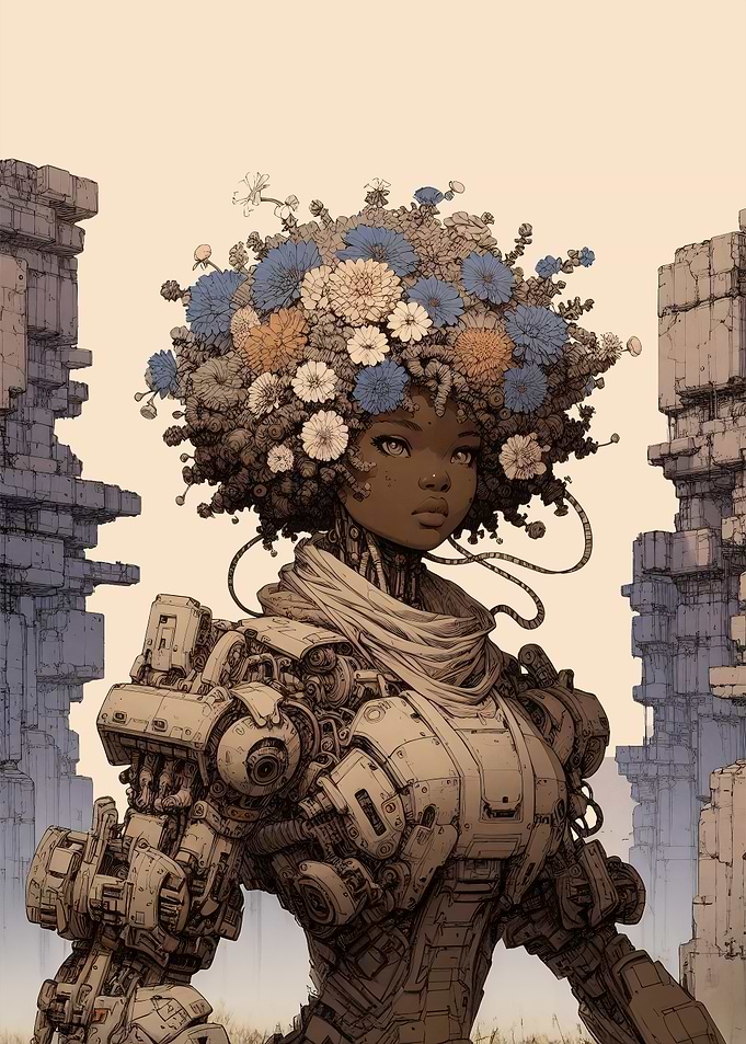 Cyborg Woman with Flowers