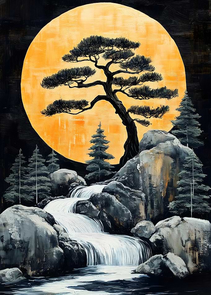 Waterfall and Bonsai Tree