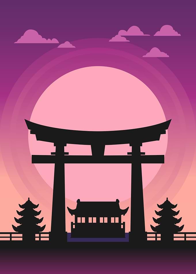 Sunset Japanese Temple Silhouette