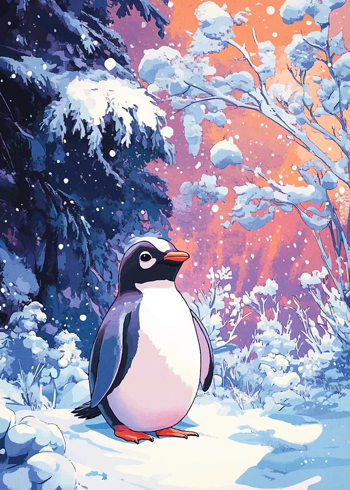 Penguin in Snowy Forest