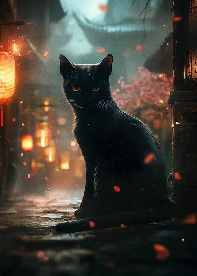 Black Cat in Asian City
