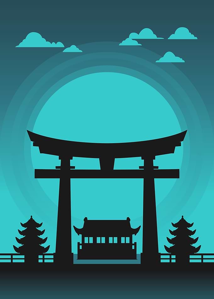 Green Japanese Temple Silhouette