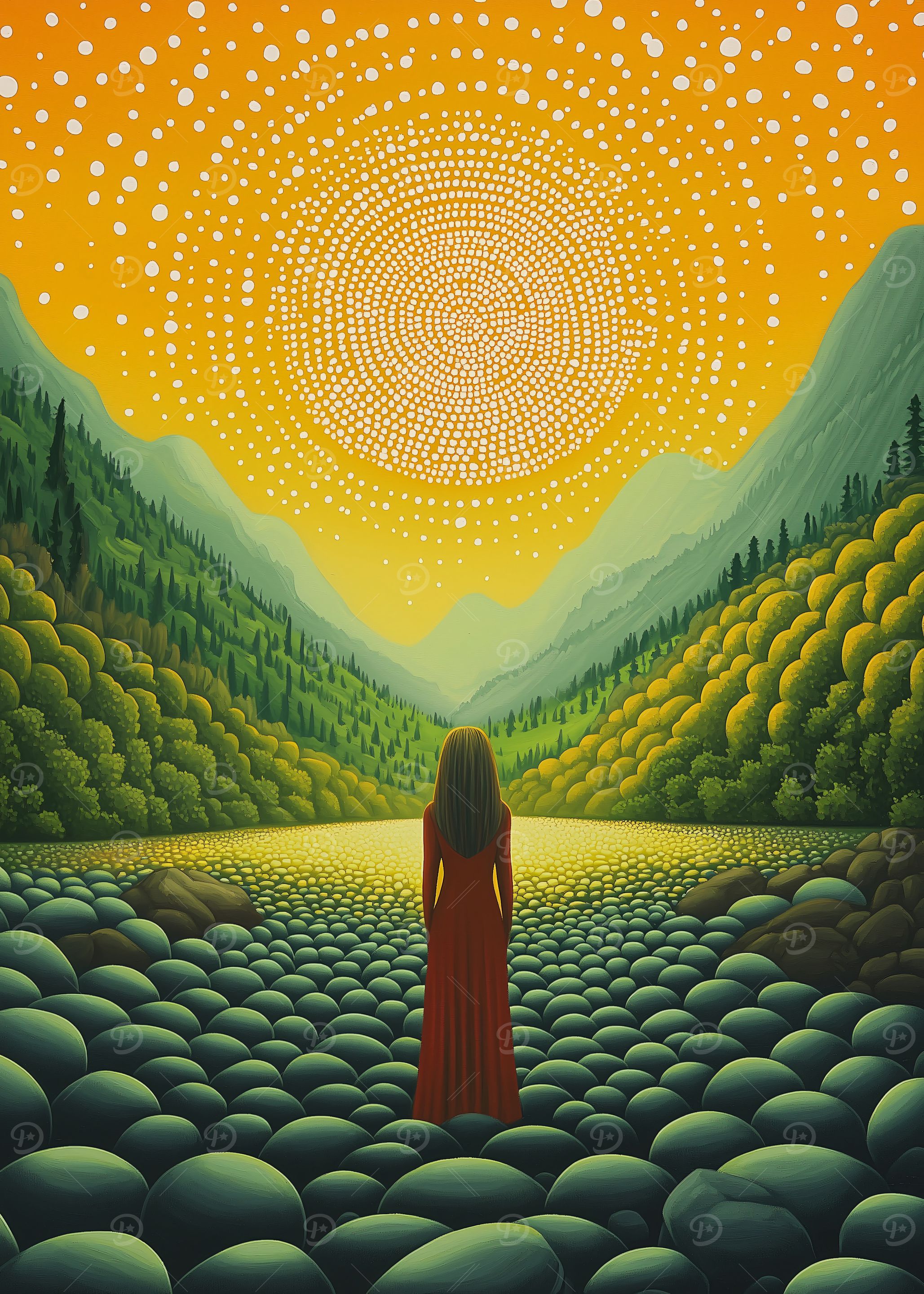 Golden Sunrise Valley: Contemporary Pointillism Art