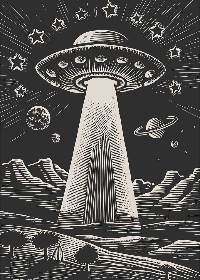 UFO in the Night Sky Linocut