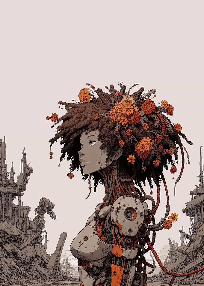 Cyborg Woman with Flowers