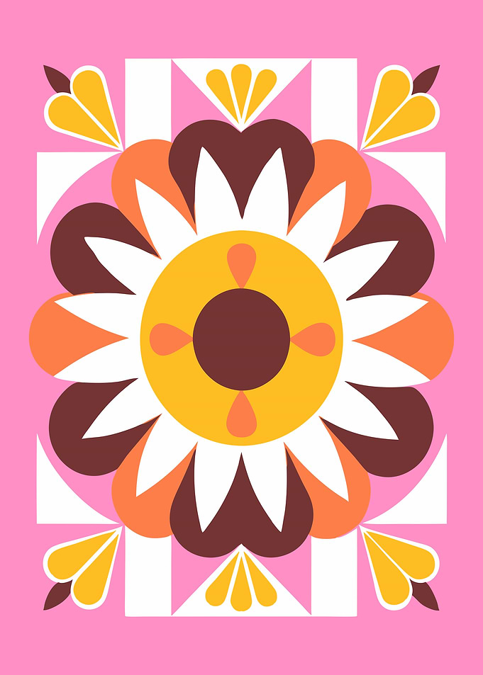 Retro Floral Geometric Pattern in Pink and Orange