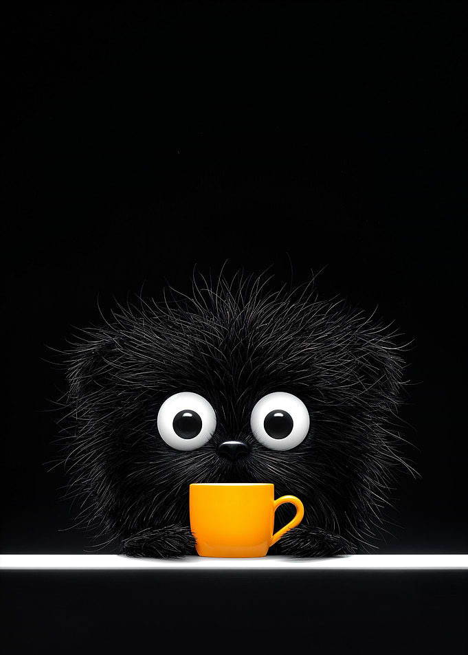 Black Furry Creature with Cup