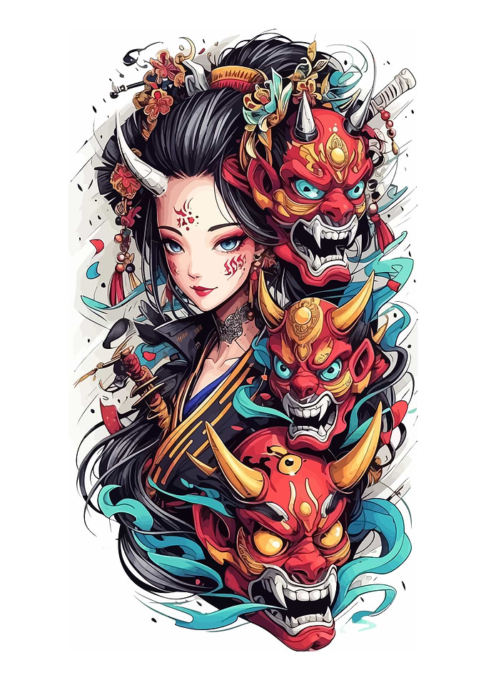 Geisha with Oni Masks