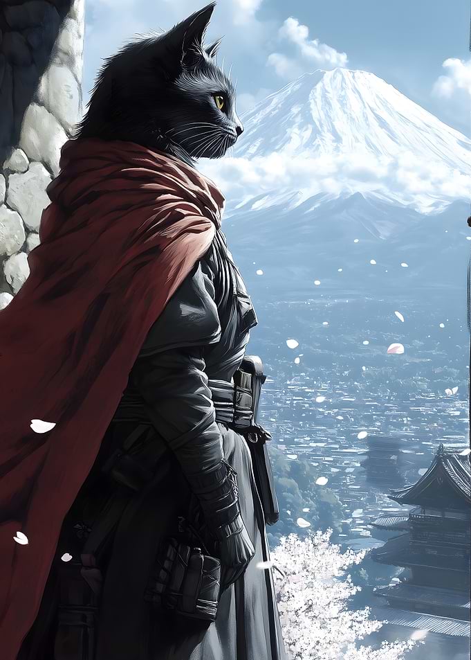 Cat Samurai with Mountain View