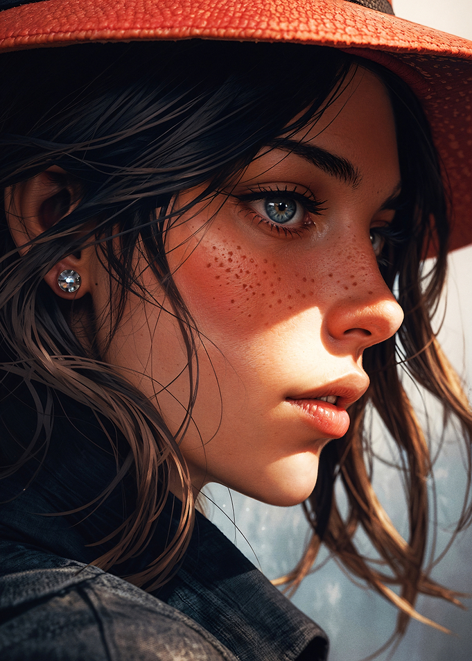 Radiant Freckled Portrait with Red Hat