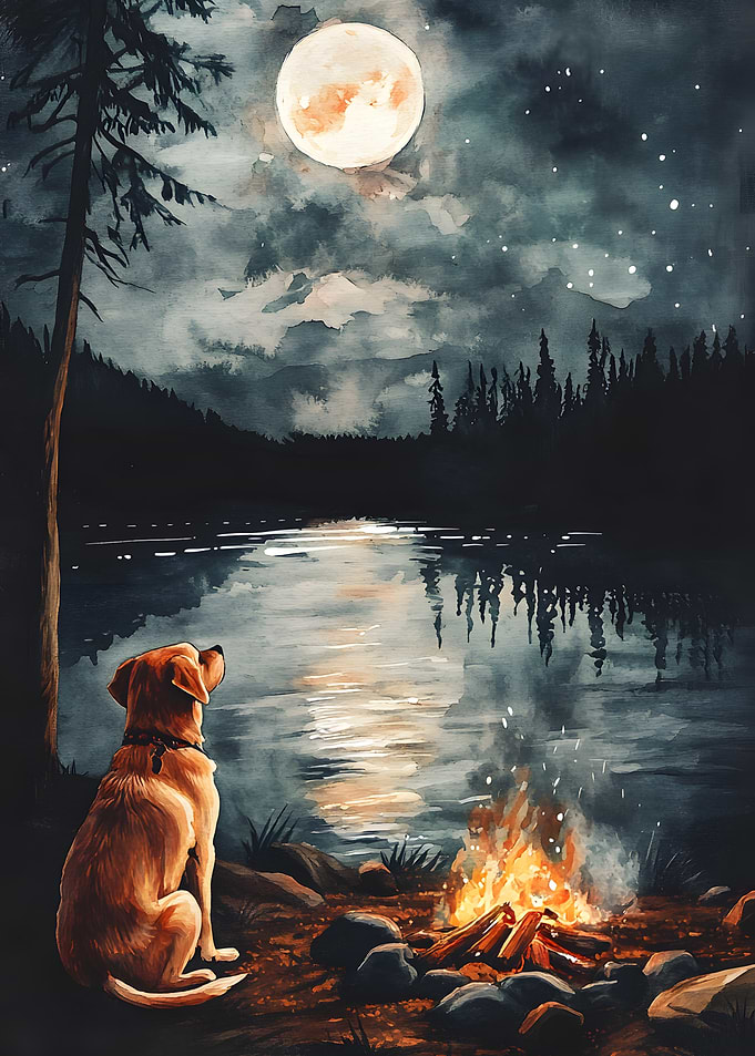 Golden Retriever Dog by Campfire Under Full Moon