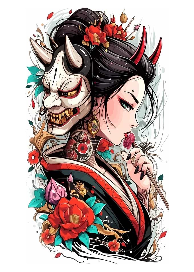Geisha with Oni Mask