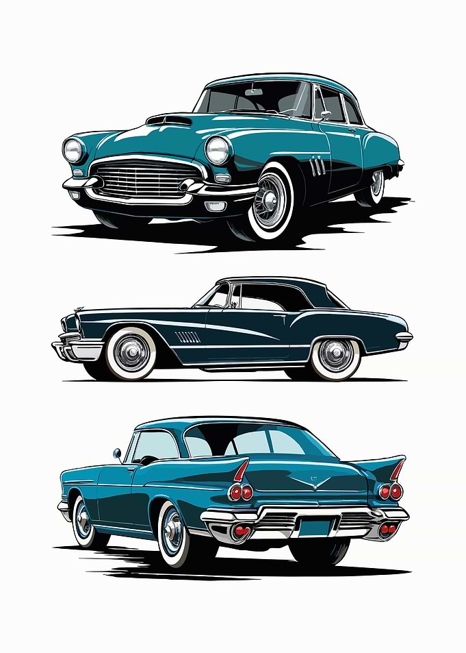 Three classic cars Illustration rendered in classic cartoon style.