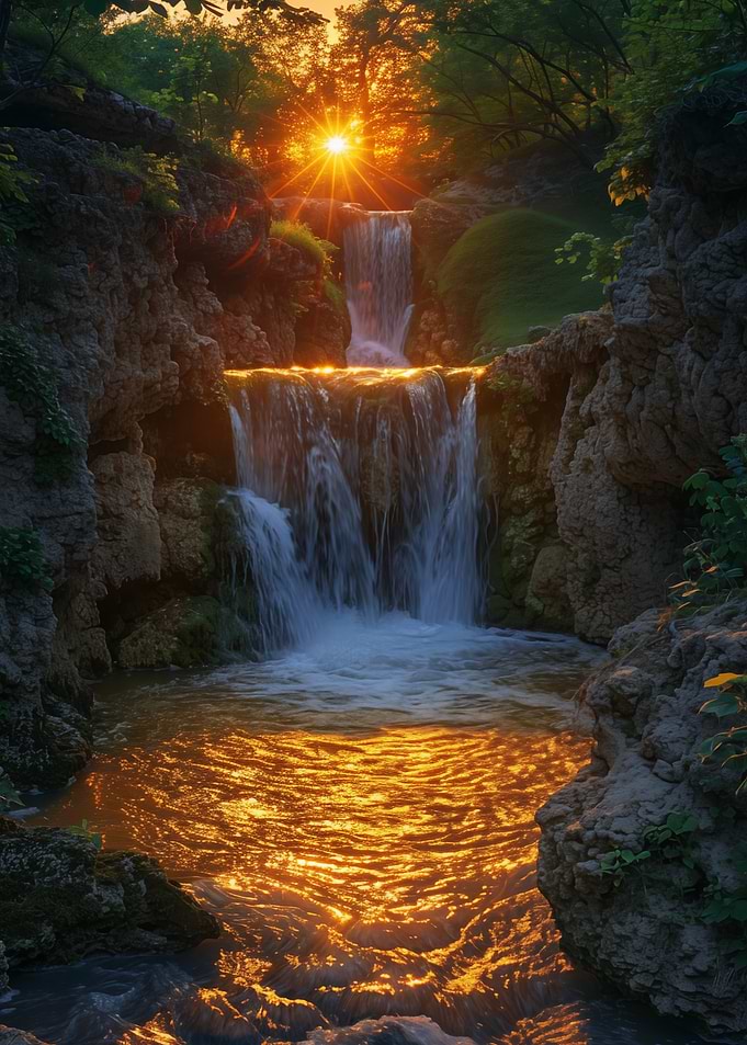 Golden Waterfall Sunset