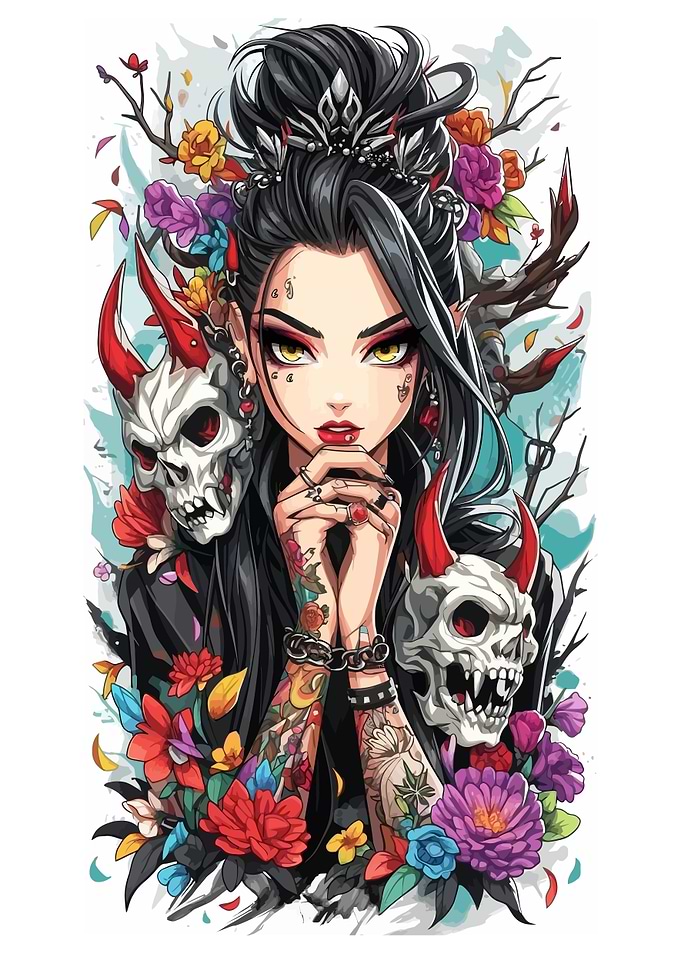 Geisha Girl with Skulls and Flowers