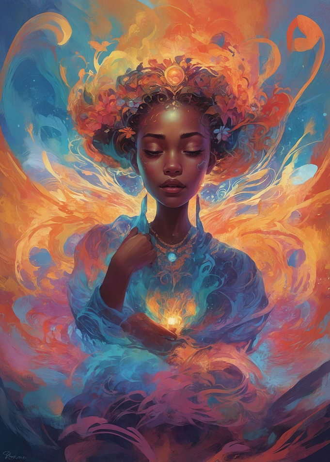 Woman with Fire and Flowers