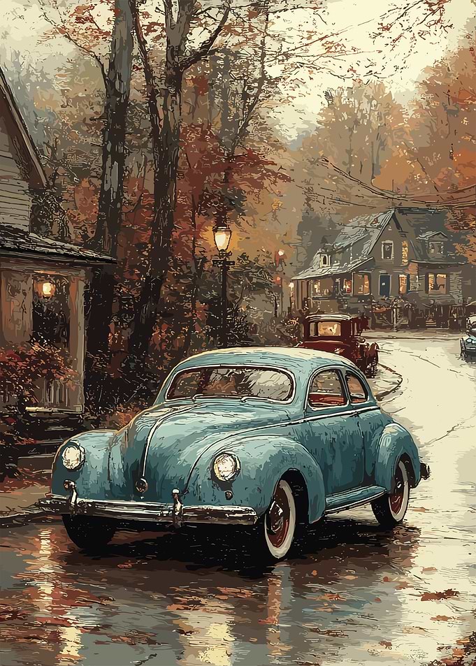 Vintage Car in Autumn Town