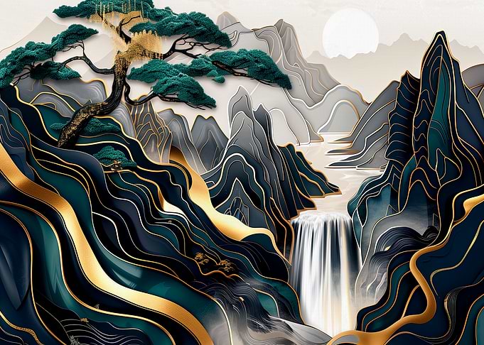 Gold & Teal Mountain Landscape