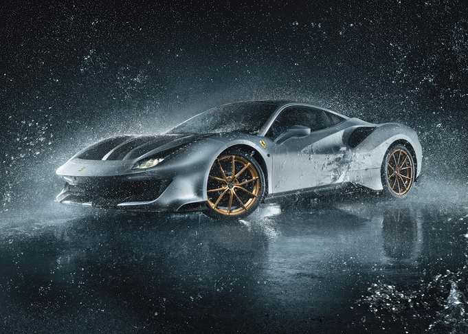 Silver Ferrari in Rain