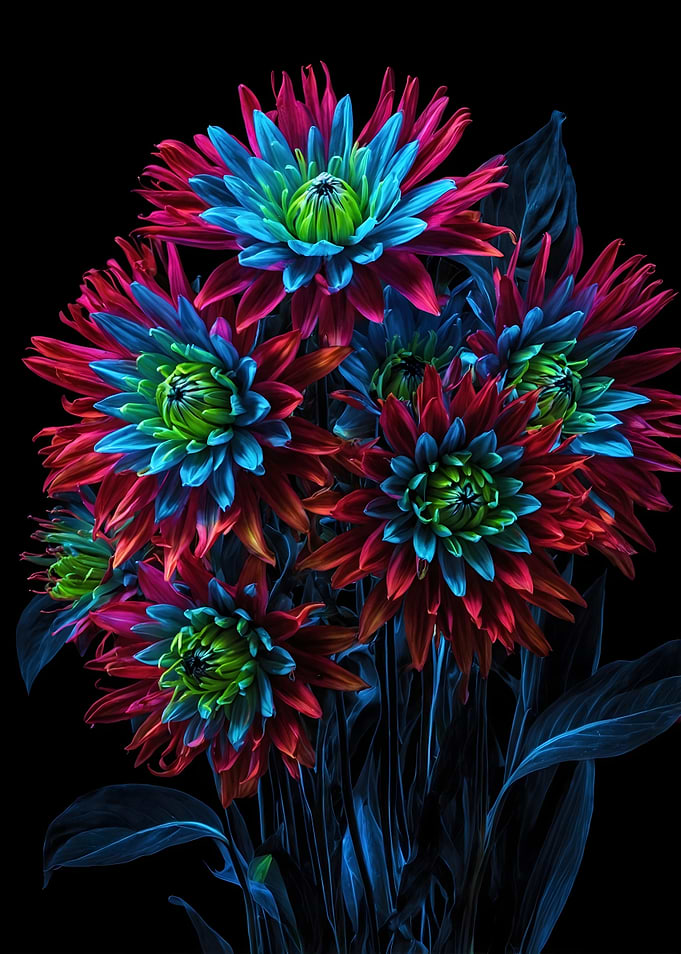 Vibrant Flowers in Blue and Red