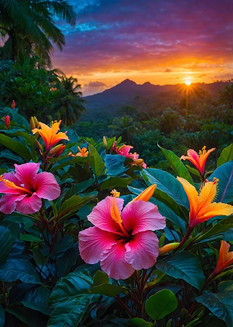 Tropical Sunset with Hibiscus