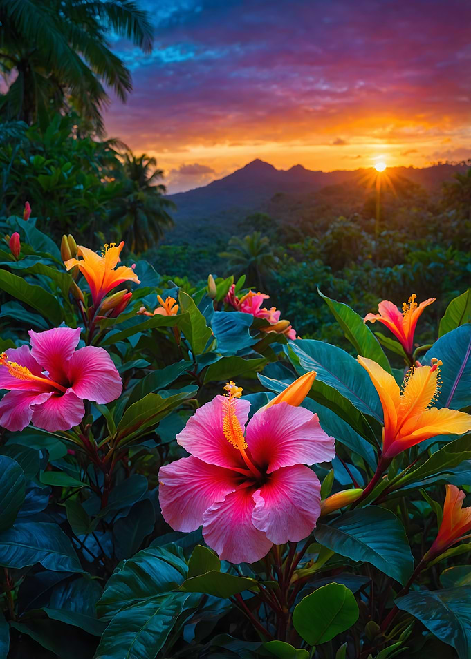Tropical Sunset with Hibiscus