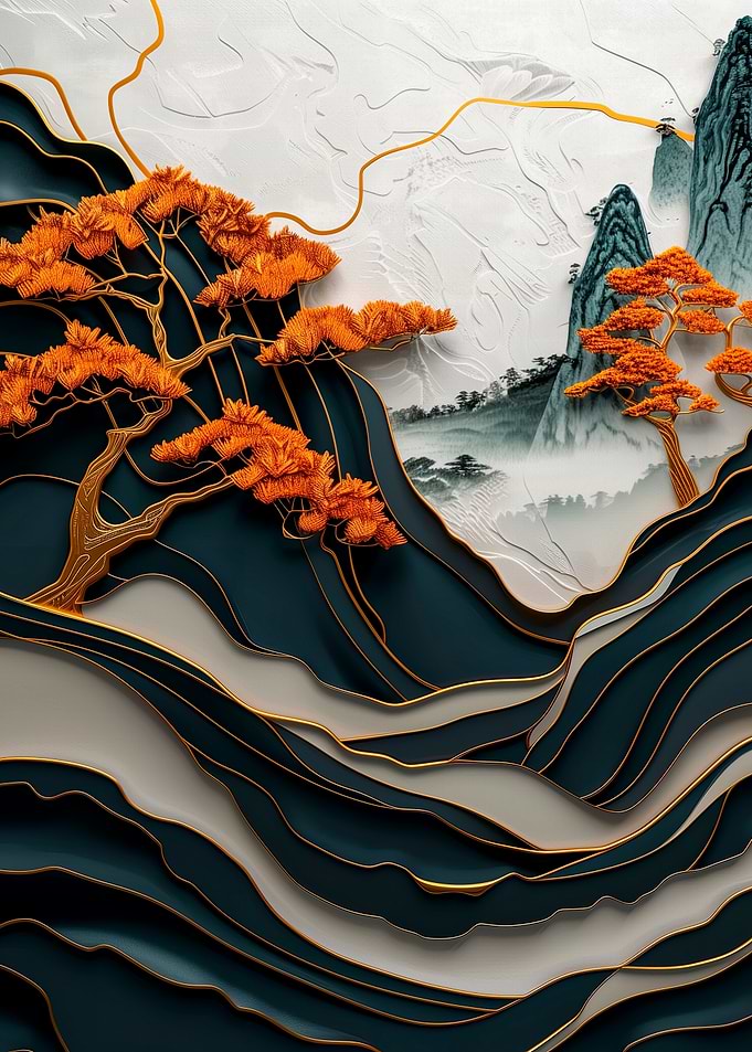 Gold & Teal Mountain Landscape