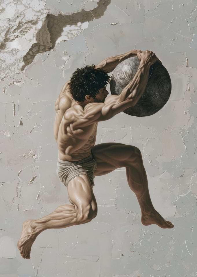 Muscular Figure Throwing Stone