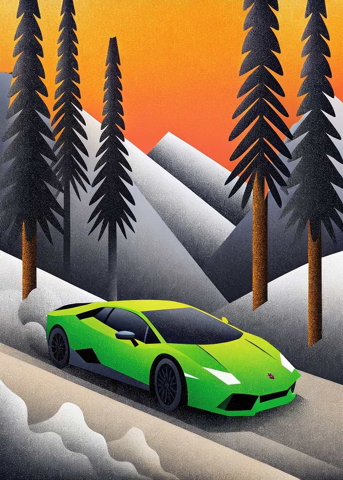 Green Lamborghini in Snowy Mountains