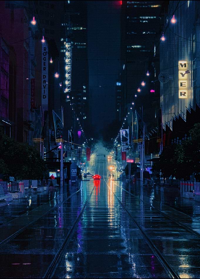 Neon City Street Rainy Night View