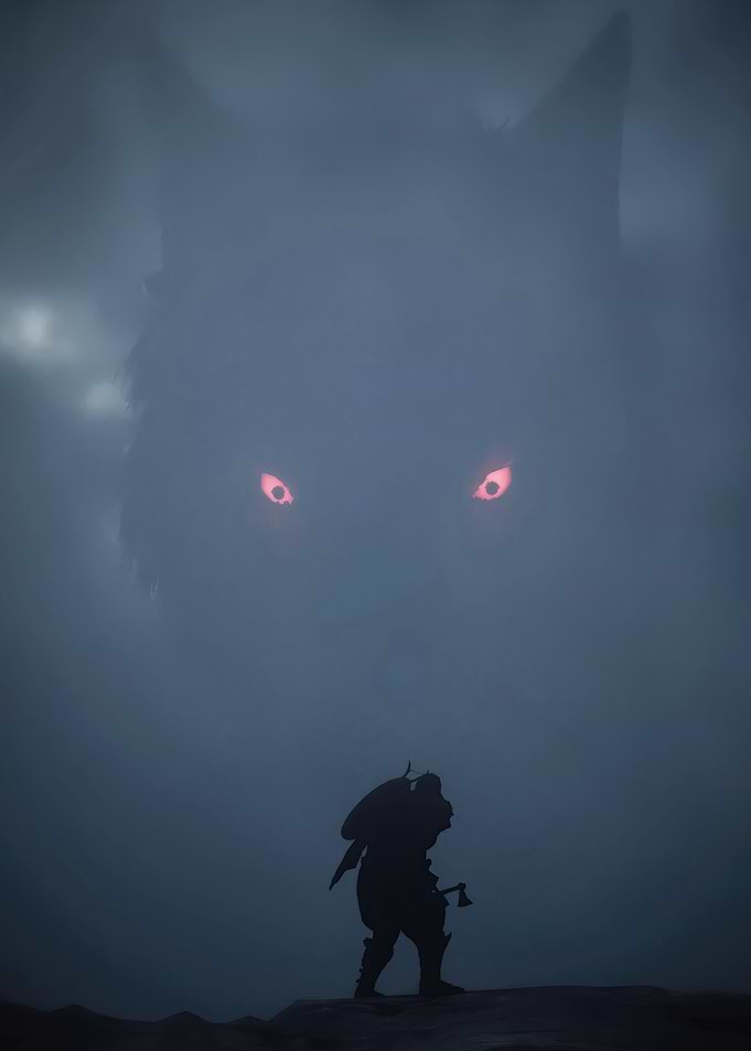 Warrior Facing Giant Wolf