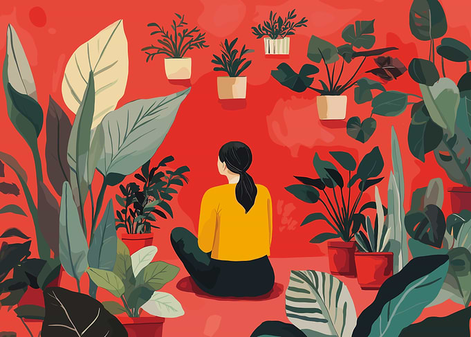 Woman in Red Roon with Plants