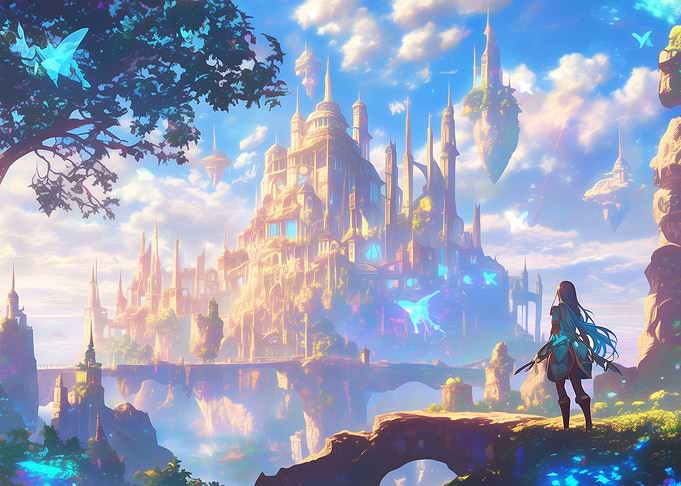 Fantasy Cityscape with Flying Butterflies