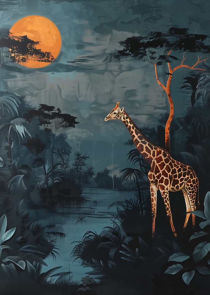 Giraffe Under a Full Moon