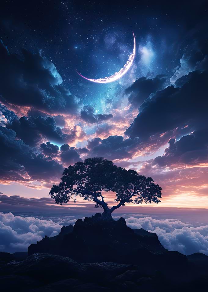 Lonely Tree Under Crescent Moon