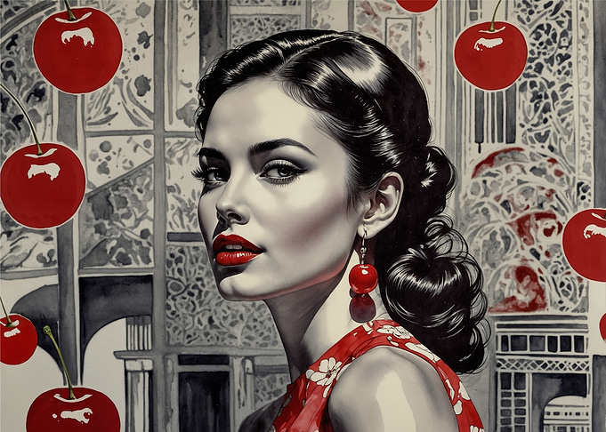 Monochrome & Red Pop Art: Woman with Cherries