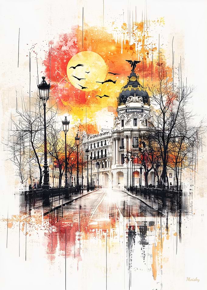 Autumnal Glow: Madrid's Metropolis at Sunset