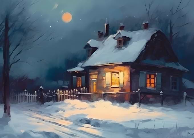 Snowy Cottage at Night