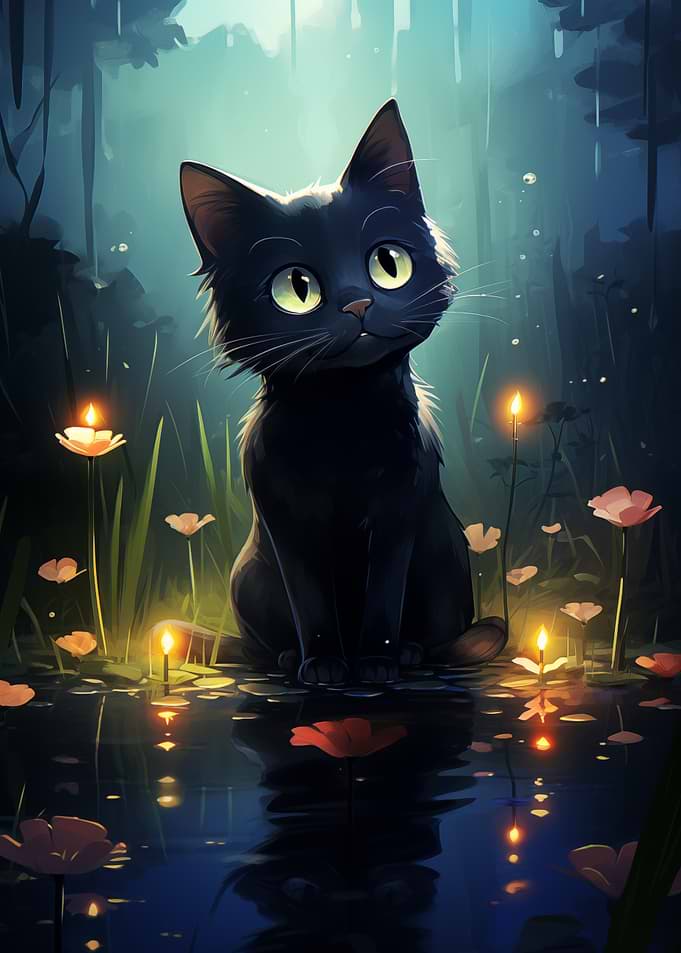 Cute Black Cat in a Forest