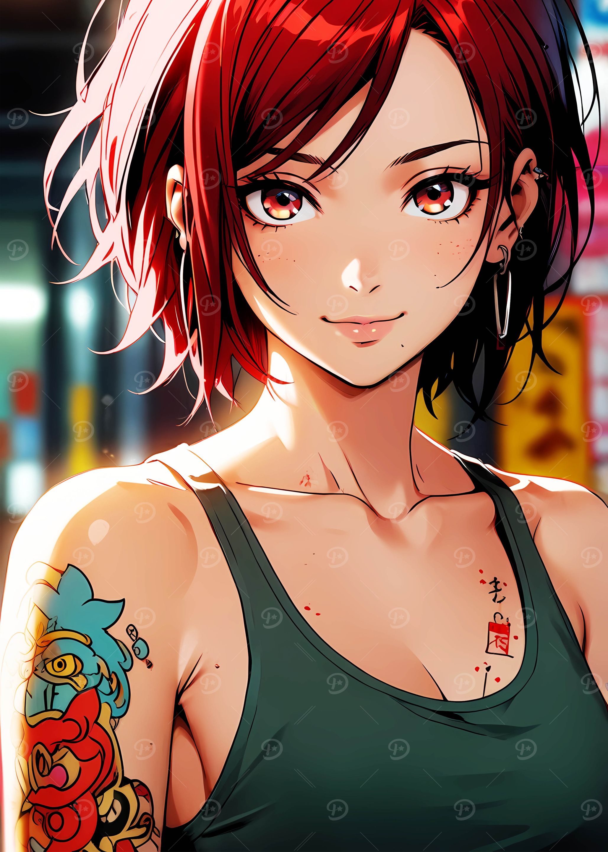 Anime Girl with Red Hair and Tattoos