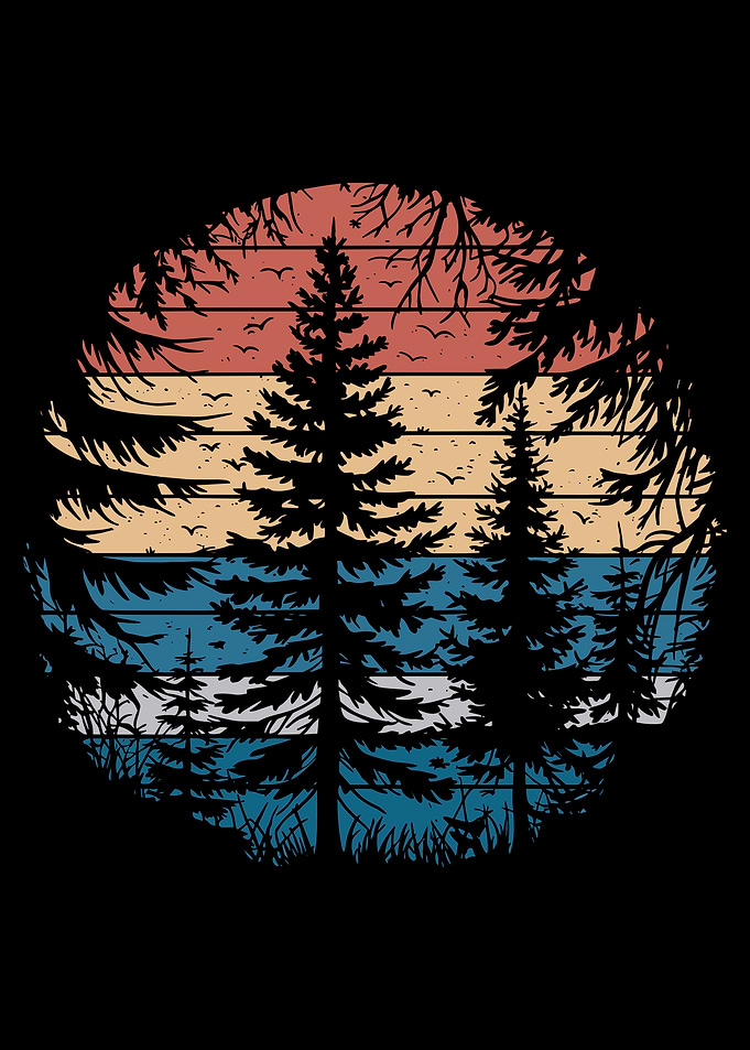 Sunset Forest Silhouette - vintage retro pine trees nature outdoors wildlife art