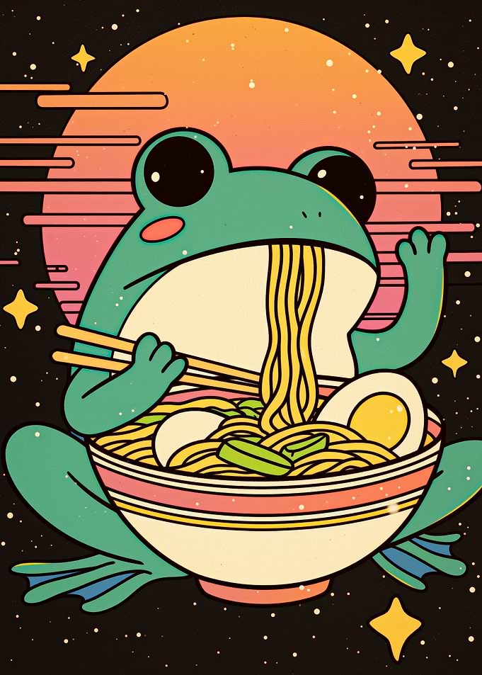 Frog Eating Ramen in Space