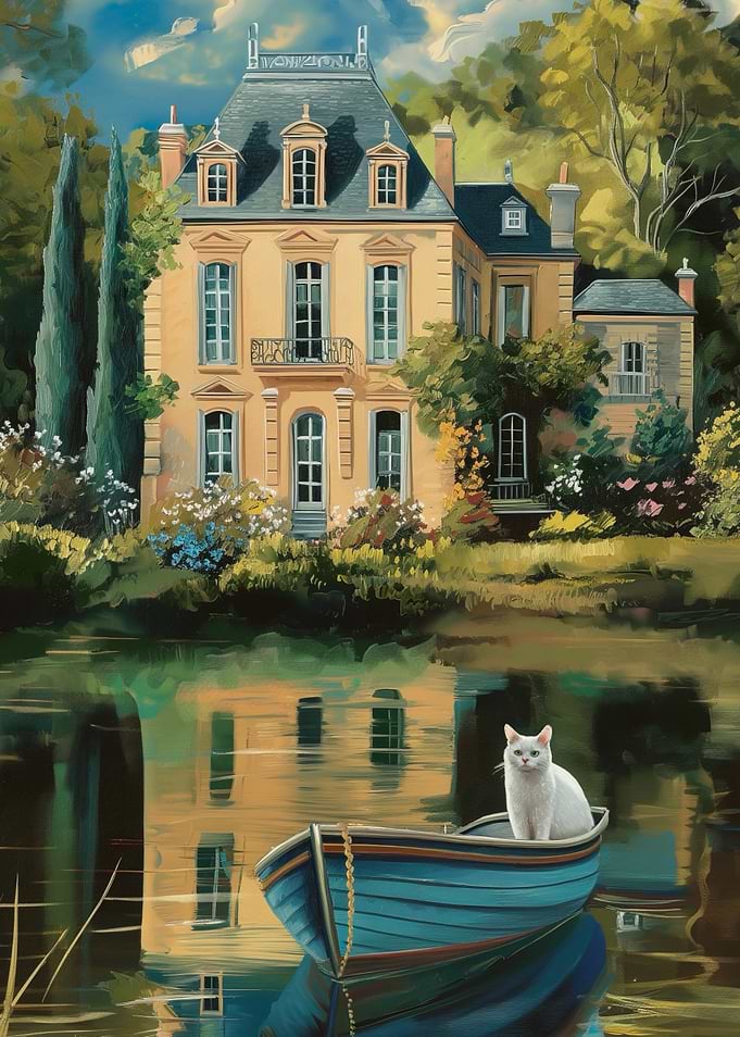 Cat in a Boat by a French Chateau