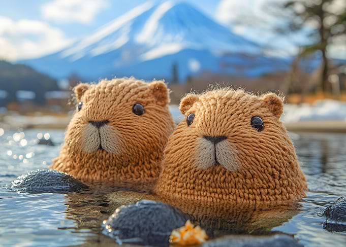 Knitted Marmots by Mt. Fuji