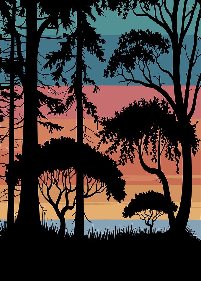 Silhouette Forest Sunset - wildlife vintage retro distressed forest trees outdoor nature
