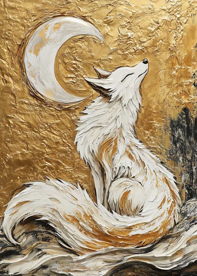 White Fox Under Crescent Moon